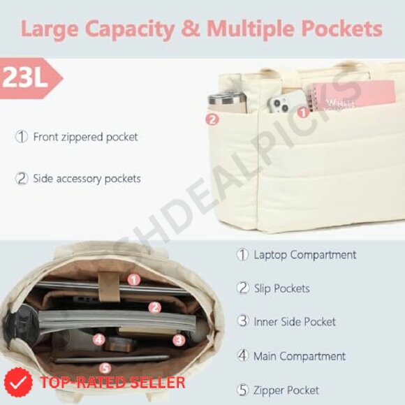 Puffer Tote Bag Lightweight Quilted Shoulder Bag Work Travel Gym Chic - Picture 5 of 8